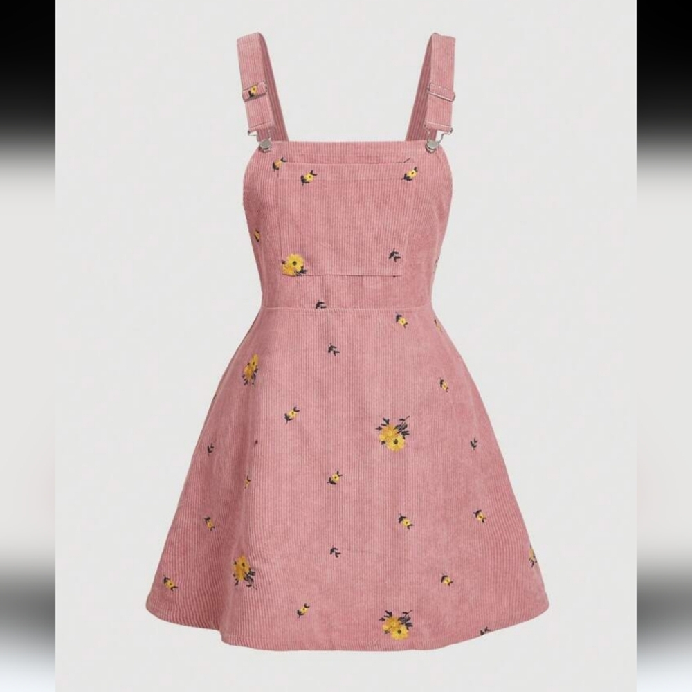 #71 Pink Floral Corduroy Pinafore Dress